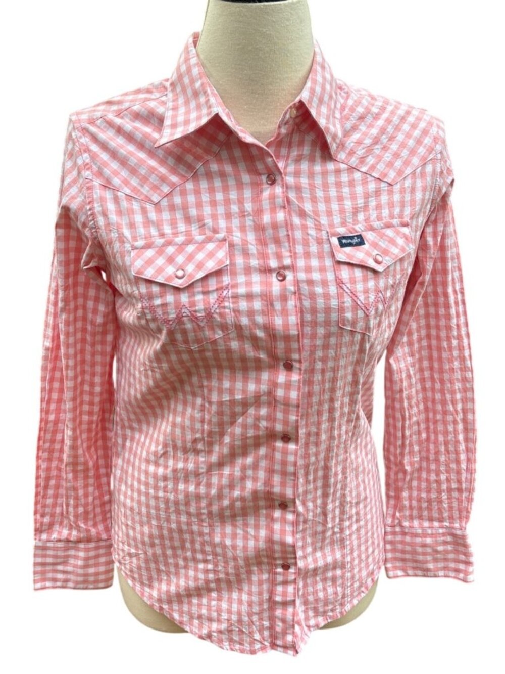Vintage Wrangler Pink Gingham Snap Long Sleeve Western Shirt Womens Size Small